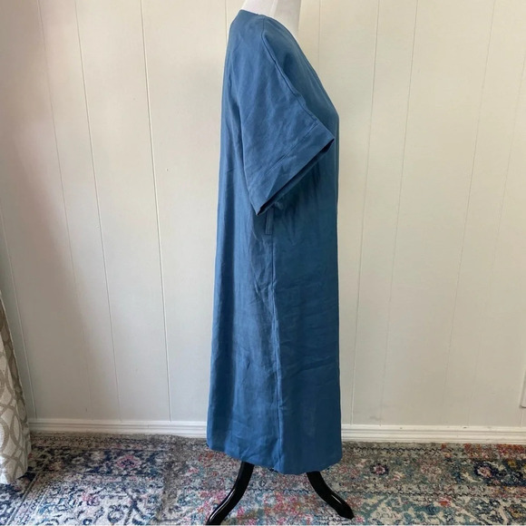 Linen Handmade Studio Blue Dress Button Front V Neck Dolman Sleeves 19” PTP M/L? - Picture 6 of 15